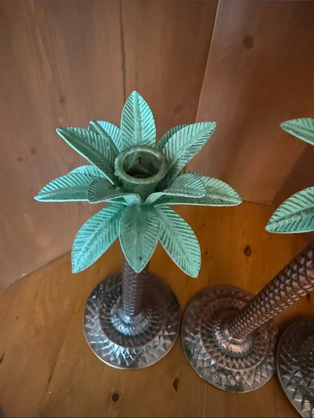 Vintage Metal Palm Tree Candlestick Taper Holders - Graduated Set of 3